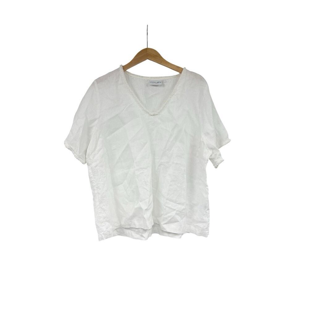 Foil Australia White 100% Linen Short Sleeve Popover Top Beach Coastal Womens 14